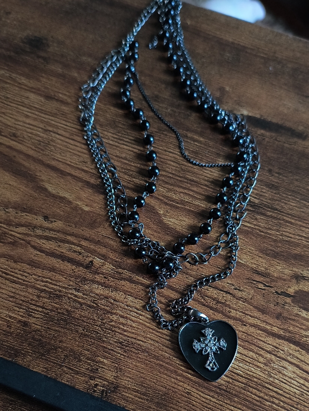 Black Heart Pendant Layered Necklace with Cross Accent